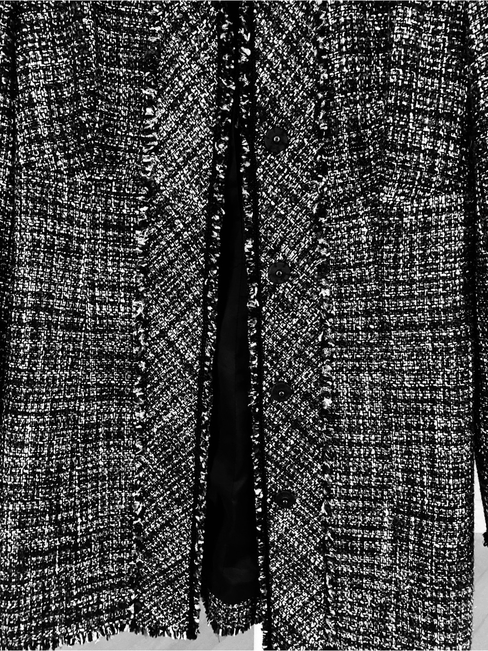 White House Black Market Black, Silver and White Tweed Fringe-Edge Coat - Picture 5 of 8
